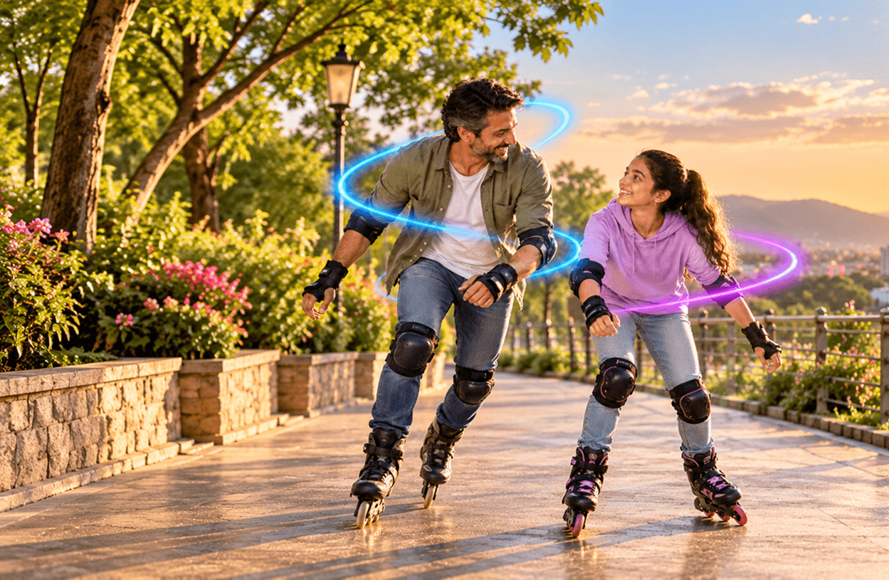 A father and daughter roller-skating together on a park path at sunset