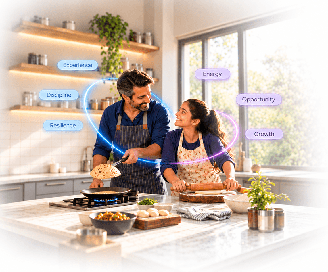 A father and daughter cooking together in a sunlit kitchen, encircled by blue and violet rings of light